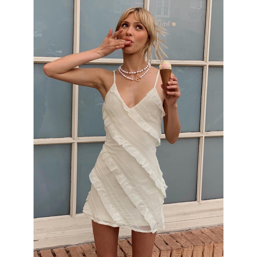 Fairycore Princess Polly Ruffle Mini Dress Chiffon V-Neck NEW Straps Size 6